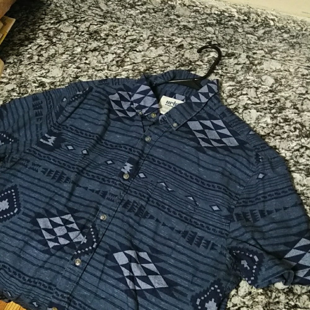 Short sleeve button down navy blue shirt.